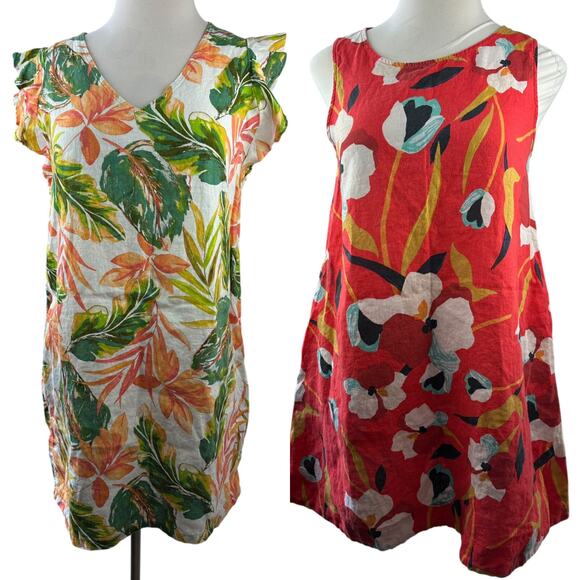 2 100% Linen Dresses Sigrid Olsen Nicole Miller Floral Tropical Vacation Large - Picture 2 of 16